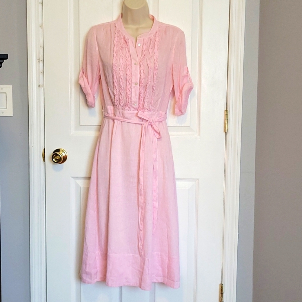 Ruffle linen pink striped shirts dress size 4